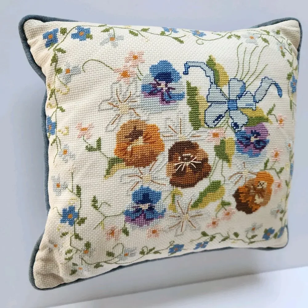 Vintage Hand Embroidered Needlepoint Granny Cottagecore Floral Throw Pillow